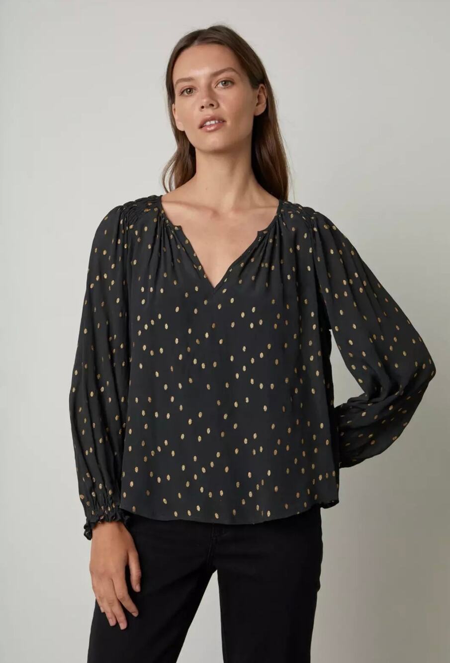 Velvet By Graham & Spencer Green Polka Dot Long Sleeve V Neck Blouse Top Size L